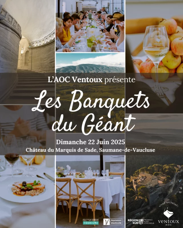 🍴 BANQUET #6 : DIMANCHE 22 JUIN
🚩 JARDIN DU CHÂTEAU DU MARQUIS DE SADE
SAUMANE-DE-VAUCLUSE  Pour cette sixième édition, les Banquets du Géant de l’AOC Ventoux investissent le cadre majestueux du Château de Saumane, en partenariat avec @islesurlasorguetourisme  Fermé au public depuis deux ans en raison de travaux de restauration, ce monument historique rouvrira ses portes exceptionnellement et de manière exclusive pour accueillir le Banquet de l’AOC Ventoux, offrant ainsi aux convives une occasion unique de (re)découvrir ce joyau du patrimoine provençal, perché au-dessus de la vallée de la Sorgue.  🎟 RÉSERVATIONS OBLIGATOIRES
➔ lien en bio 
▬▬▬▬▬▬▬▬▬▬▬▬▬▬▬▬▬▬▬▬▬▬▬▬
LE BANQUET
▬▬▬▬▬▬▬▬▬▬▬▬▬▬▬▬▬▬▬▬▬▬▬▬
Aux fourneaux, le chef @olivelaplaud du Café-Brocante "Aux Halles de Provence" à Pernes-les-Fontaines proposera un menu savoureux, élaboré à partir de produits locaux et de saison :  𝐸𝑛𝑡𝑟𝑒́𝑒
Salade de saison : fèves, pois gourmands, tomates et burrata parfumée à la truffe
•
𝑃𝑙𝑎𝑡
Mignon de cochon du Ventoux aux olives noires, tomates confites, parmesan et taboulé de petit épeautre de Venasque
•
𝐹𝘳𝑜𝘮𝑎𝘨𝑒
Fromage de chèvre de Villes sur Auzon
•
𝐷𝑒𝑠𝑠𝑒𝑟𝑡 
Pana cotta aux cerises de Venasque et biscuit sablé  🍷 Accords mets & vins par l'AOC Ventoux
Café / Eau plate / Eau gazeuse  🥦 Option végétarienne possible.  ▬▬▬▬▬▬▬▬▬▬▬▬▬▬▬▬▬▬▬▬▬▬▬▬
LES EXTRAS
▬▬▬▬▬▬▬▬▬▬▬▬▬▬▬▬▬▬▬▬▬▬▬▬
🌿 Art de la table signé par la pépinière Appy
🏰 Visite du Chateau de Saumane
🎧 DJ sets  Cet événement bénéficie du soutien financier du @departementdevaucluse.
